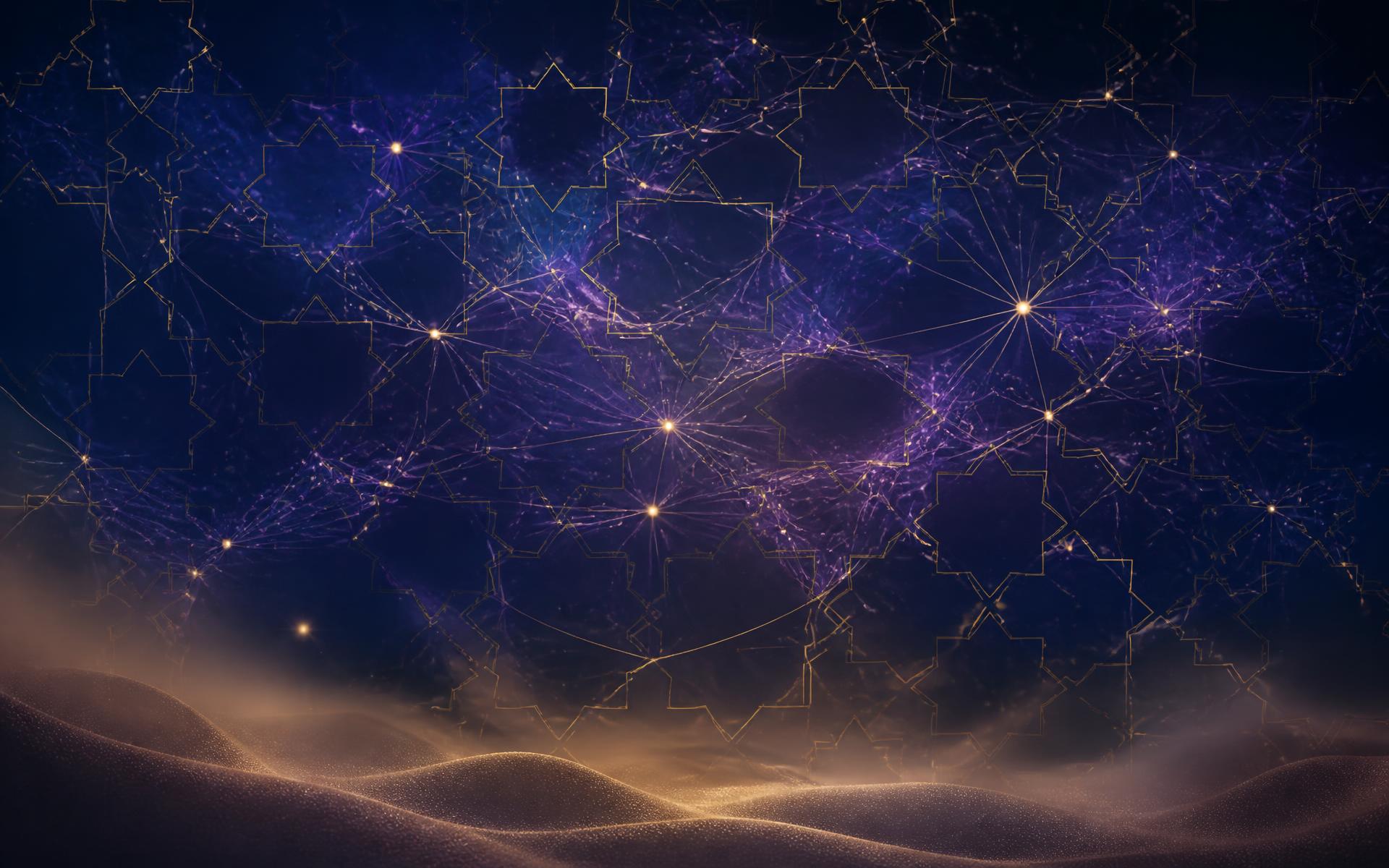 Interconnected network of light forming an Arabian geometric lattice above desert dunes