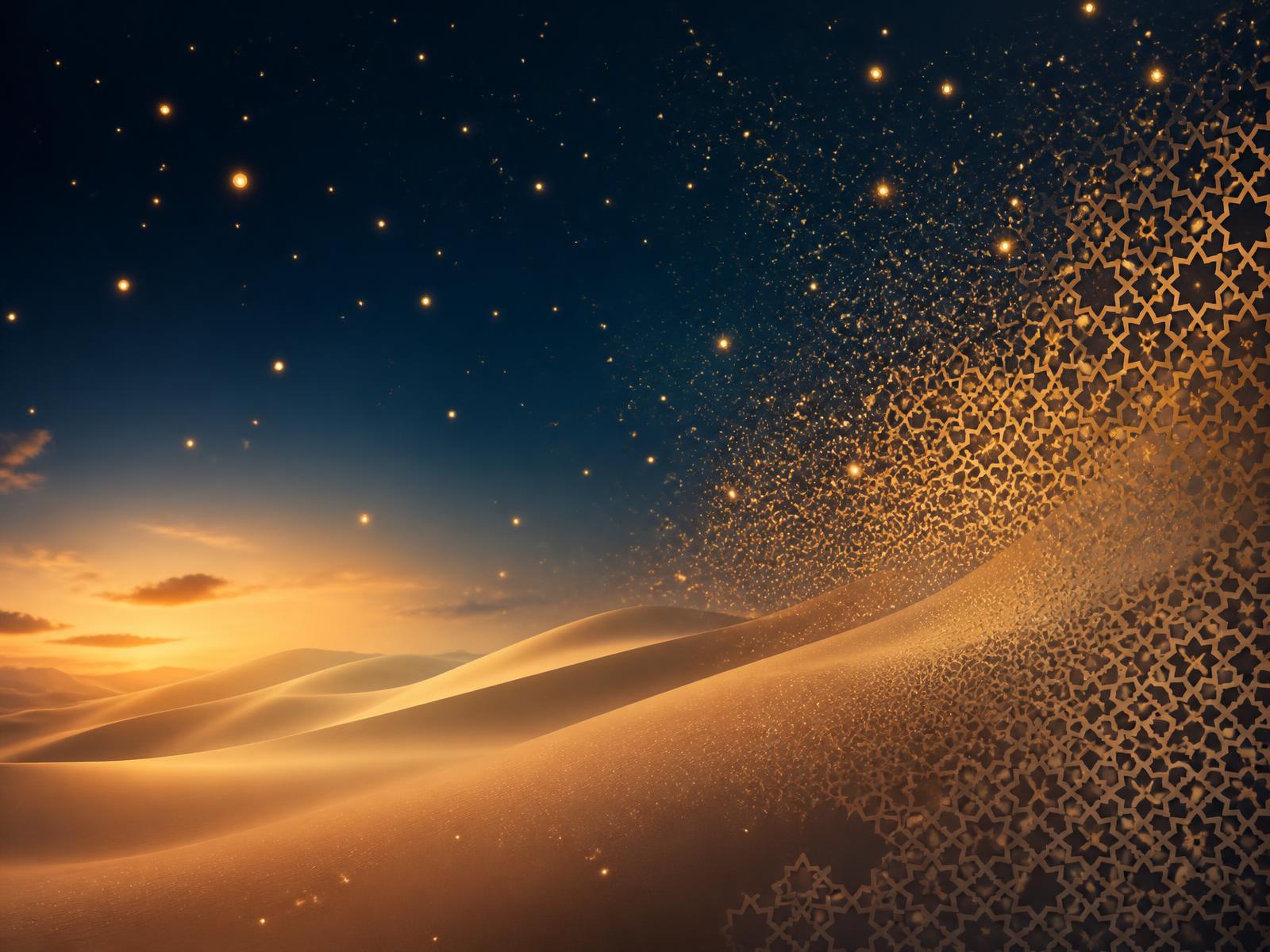 Golden Arabian geometric lattice dissolving into desert dunes under a starlit sky
