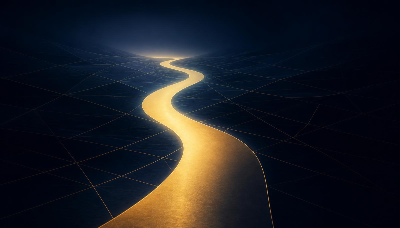 A single luminous path curving through a dark geometric landscape